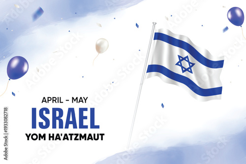 Israel Independence Day. Israel Flag Waving With Floating Balloons On Watercolor Grunge Backgorund Design Vector Illustration.