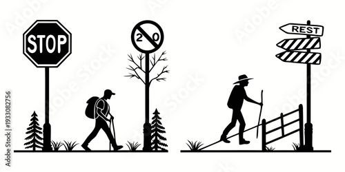 A series of images depicting various road signs and their corresponding actions Vector