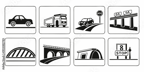 Illustrations of various types of parking structures and signs Vector