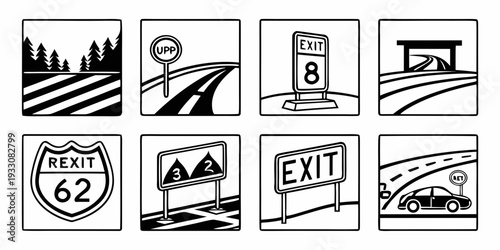 Various road signs indicating speed limits, road conditions, and upcoming intersections Vector