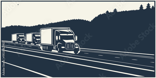 A large truck drives along a winding road surrounded by mountains and trees Vector