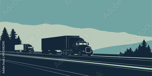 Two large trucks driving on a highway with mountains in the background. Vector