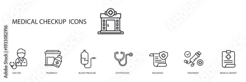 medical check up icons set outline and Flat Style,transparent background