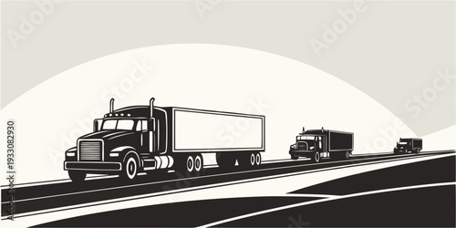 A large truck and two smaller vehicles traveling down a highway in a black and white image. Vector
