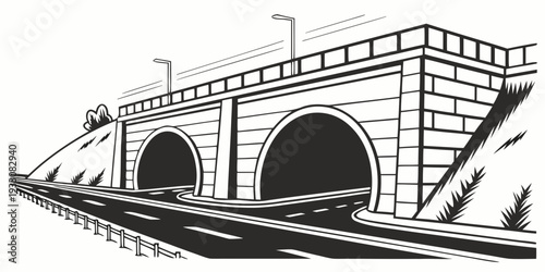 An old stone bridge with two arches spanning over a river with a train track Vector