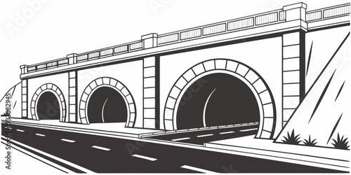 A black and white illustration of a train passing through a tunnel Vector
