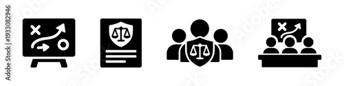 Legal strategy, compliance policy, team protection, solid black icon set vector illustration