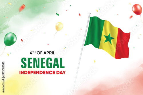 Senegal Independence Day. Senegal Flag Waving With Floating Balloons On Watercolor Grunge Backgorund Design Vector Illustration.