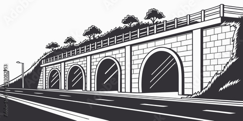 A detailed black and white sketch of a large, old train station with arches. Vector