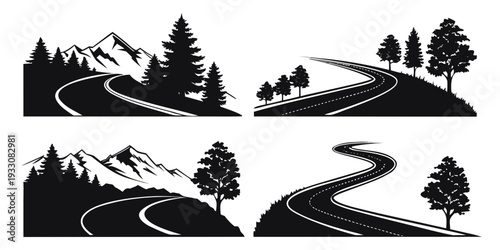 Four distinct black and white illustrations of mountain landscapes with winding roads Vector