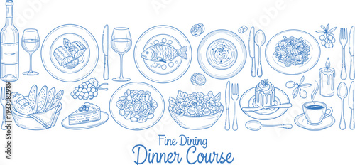 Fine Dining Dinner Course Menu Line Art Vector Illustration Set. Hand Drawn Restaurant Meal Icons Banner Template.