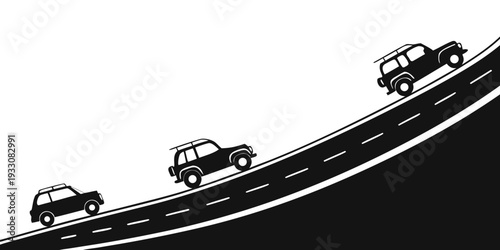 Three cars driving on a curved road in a minimalist black and white illustration Vector