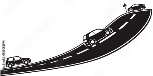 Two cars driving on a winding road with a large black curve Vector