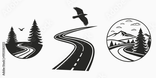 A winding road leads through a scenic landscape with trees, mountains, and a flying bird. Vector