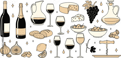 Collection of Gourmet Wine and Food Pairing Icons Set. Appetizers, Cheese, and Drinks Doodle Illustration Vector.