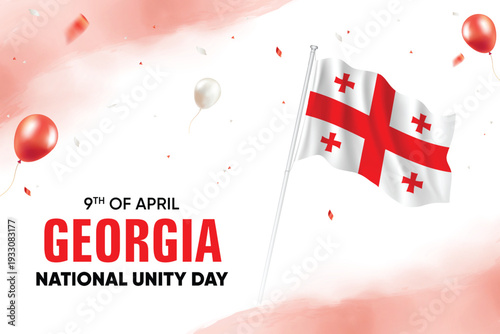 Georgia Unity Day. Georgia Flag Waving With Floating Balloons On Watercolor Grunge Backgorund Design Vector Illustration.