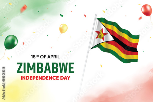 Zimbabwe Independence Day. Zimbabwe Flag Waving With Floating Balloons On Watercolor Grunge Backgorund Design Vector Illustration.