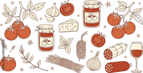 Hand-drawn set of Italian food ingredients vector illustration. Tomatoes, pasta, cheese, and wine icons collection.
