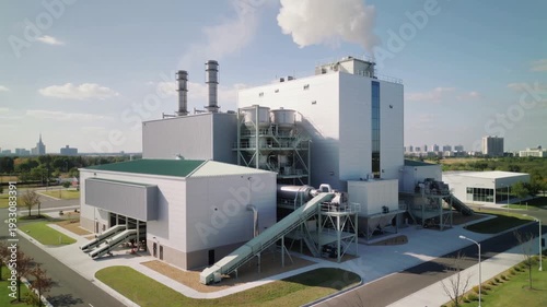 Aerial view of a large industrial facility with smokestacks emitting smoke near a city