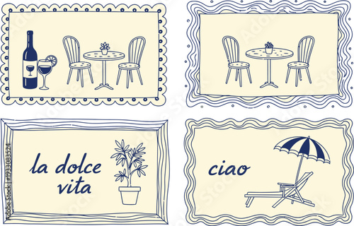 Italian Lifestyle Hand-Drawn Vector Illustration Set with Cafe Scene, Wine, Beach Elements, and "La Dolce Vita" Text