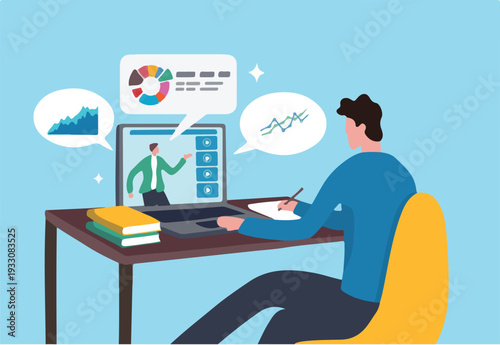 Online study learning course or internet education webinar, remote e-learning, teaching online or exam, test, knowledge wisdom concept, young man study online course on computer laptop at hom.