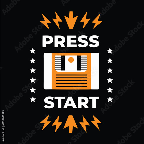 Retro Gaming Design Press Start Button with Lightning Bolts and Stars