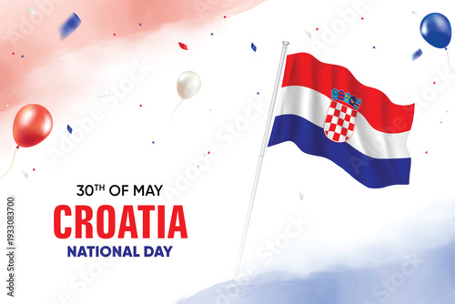 Croatia National Day. Croatia Flag Waving With Floating Balloons On Watercolor Grunge Backgorund Design Vector Illustration.