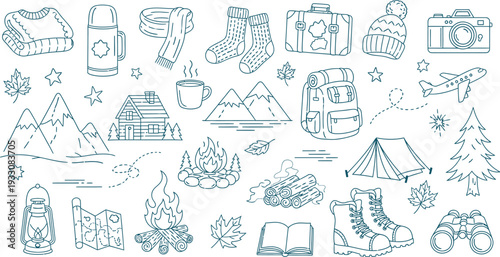 Travel and Camping Doodle Icons Set. Hand drawn vector illustration of outdoor adventure elements like backpack, tent, campfire, and hiking gear.