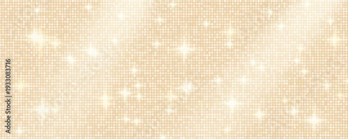 Party beige disco ball bright background with glam glitter and sequin. Ivory party pattern with disco sparkle. Spotlight luxury metallic color and mosaic glass with texture shimmer bg. Vector gradient