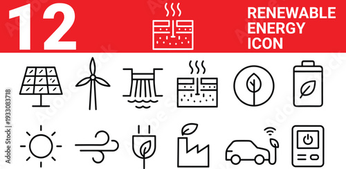 Renewable energy sources flat design vector illustration with solar, wind, hydro, battery, eco icons for sustainable future