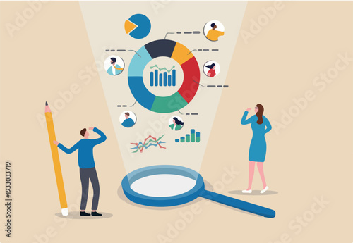 Market research, marketing or advertising survey to launch product, competitors research or social media report marketing report concept, business people look at magnify market data chart and.