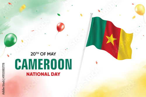 Cameroon National Day. Cameroon Flag Waving With Floating Balloons On Watercolor Grunge Backgorund Design Vector Illustration.