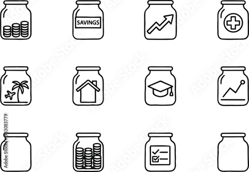 Money saving concepts with jars and icons flat design vector illustration for finance and budget planning
