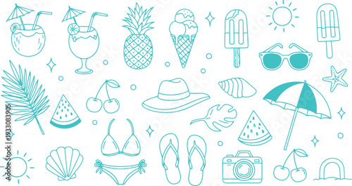 Summer beach vacation icons set with hand-drawn style elements like cocktails, sunglasses, and umbrella vector illustration.