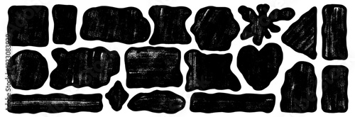 Grunge handmade wavy geometric elements. Organic arch, rectangles shapes with daub scratches for text or urban decor. Set of hand-drawn gritty shapes. Vector rough, grainy circles isolated.
