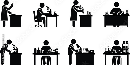 Science laboratory researcher icons collection featuring scientists conducting experiments, microscopy analysis and chemical testing in professional lab environment illustration