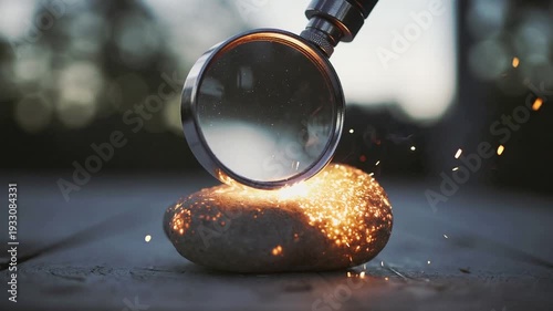 A magnifying glass focuses sunlight onto a rock generating sparks on a table.