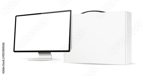 Realistic computer with white carton box mockup