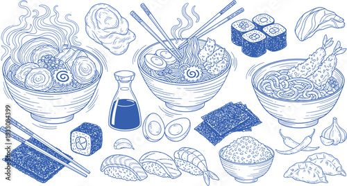 Japanese food collection vector illustration set. Hand drawn doodle style line art of ramen, sushi, tempura, and gyoza icons for menu design.