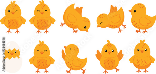 Cute baby chick cartoon poses collection farm bird vector illustration set