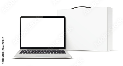 Realistic laptop computer with white carton box mockup