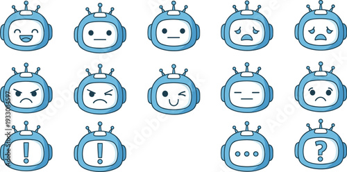 Set of Cute Robot Character Emoticons and Chat Bot Avatar Icons with Various Facial Expressions for User Interface Design and Customer Support Applications