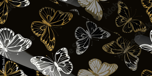 Elegant butterflies in shades of gold silver and black create a pattern