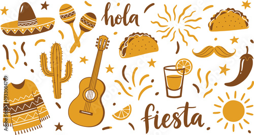 Mexican Fiesta Celebration Doodle Set with Sombrero, Maracas, Guitar, and Tacos Vector Illustration