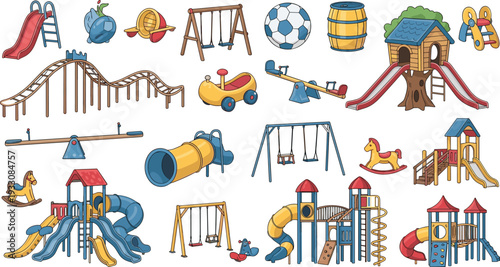 Collection of Playground Equipment and Toys Vector Illustrations Including Slides, Swings, Roller Coaster, and Playhouses