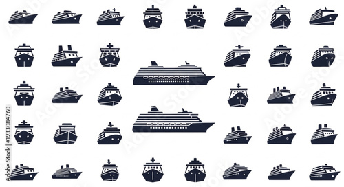 Collection of various cruise ships and vessels in silhouette style for design.