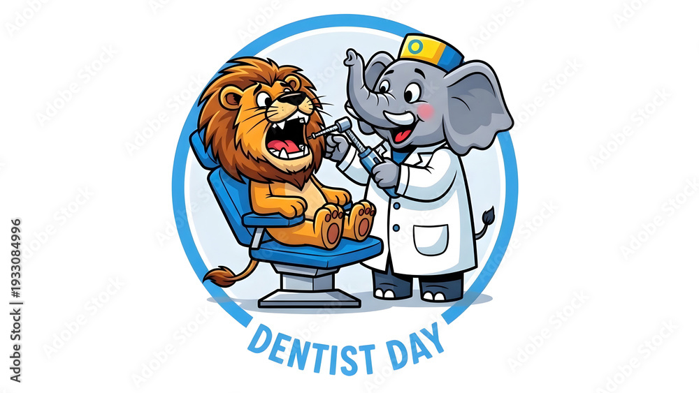Fototapeta premium Cartoon lion at the dentist office with elephant isolated on transparent background