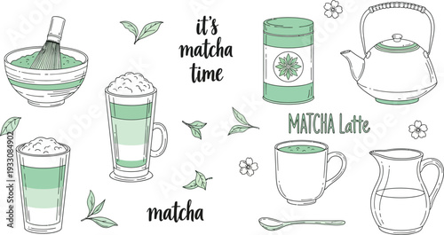 Matcha tea preparation and drink set hand drawn line art illustration collection vector icons for cafe menu design.