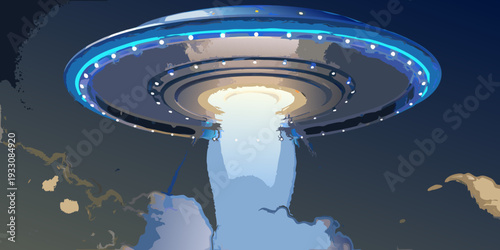 A glowing unidentified flying object hovers over a dark cloudy landscape