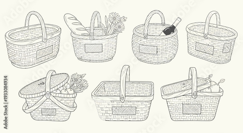 Picnic basket set line art illustration. Hand drawn vector icons collection for outdoor leisure and food concepts.
